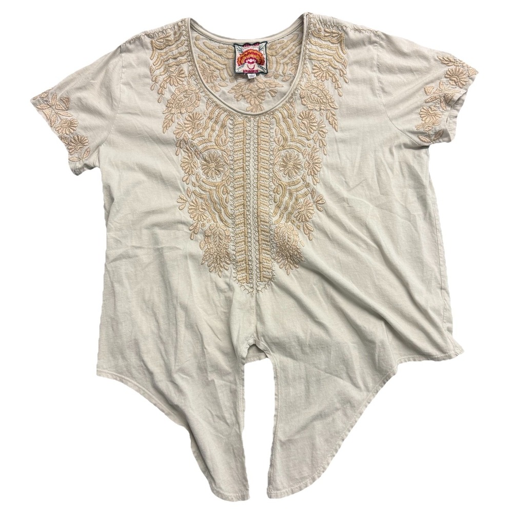 Johnny Was Floral Embroidered Tie Front Cotton Tee Shirt XL